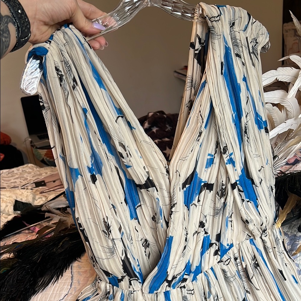 Vintage 3.1 Phillip Lim 100% Silk Blue Black Pleated Dress Grecian Broomstick 6
